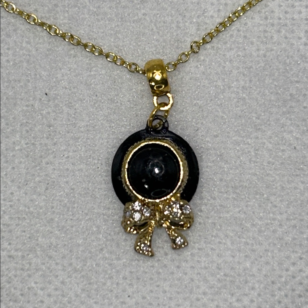 Artisan Handmade Gold Plate Sterling Silver Black Enamel Cz Accent Hat Necklace